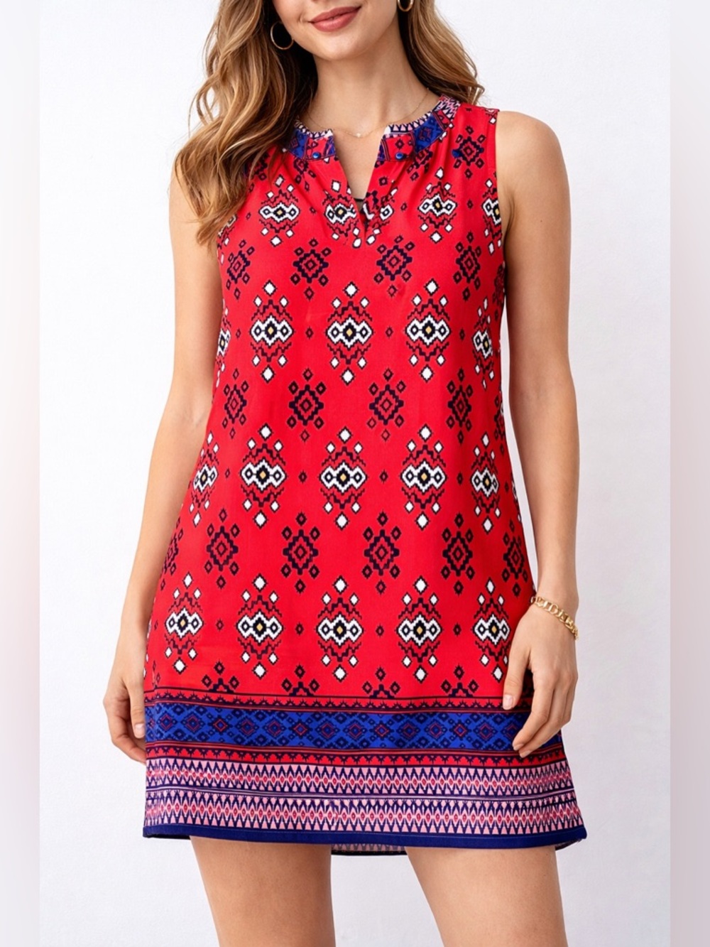 Sweet Rain Red Boho Tribal Print Mini Dress Sleeveless Size S